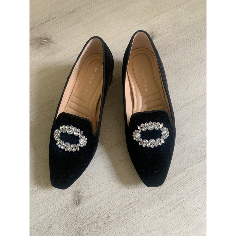 Adrienne Vittadini Womens Black Velvet Crystal Buckle Pointed Toe Loafers 8M